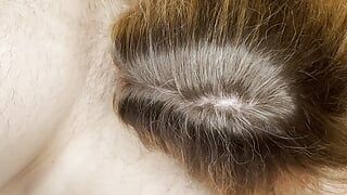 Big tits MILF ties up his one ball and jerks his cock with latex gloves.