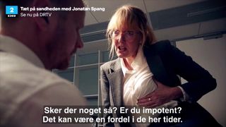 Danish mature Ditte Hansen pretends to lick nipple in skit