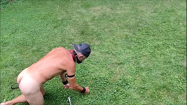 naked slave exposed outdoor with dogtail, enema, punish himself on command, BDSM CBT