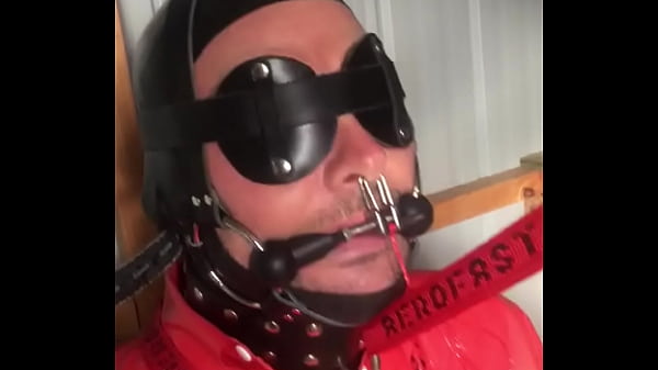 Rubber gimp strapped to chair, Butt plug inflated huge, electro nipples zapping